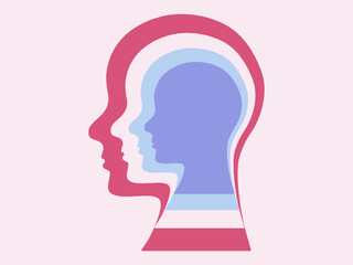 Subconcious mind, deep thinking. Human heads symbol layers. One head inside the other. Vector.