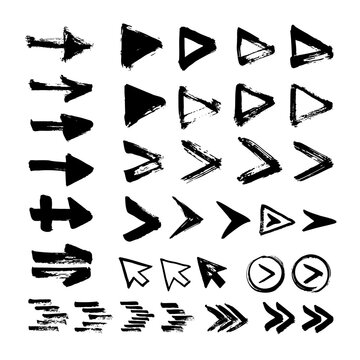 Collection of arrows. One-stroke drawing. Hand-drawn by brush. Straight, round, thick, thin, spiral signs and icons.