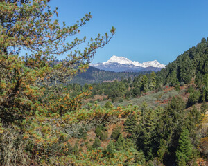 Magnificent view on Bhutan's highest mountain Gangkhar Puensum bordering Tibet from Thrumshing La...