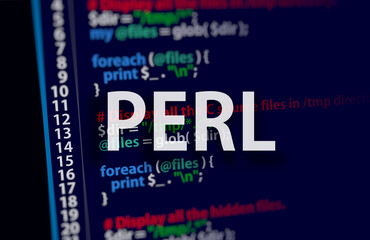 Perl code on dark background in code editor and word Perl. Perl programing language  - obrazy, fototapety, plakaty