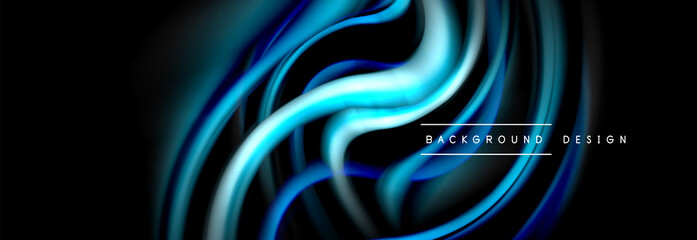 Dynamic motion abstract background. Color blurred stripes on black. Wave liquid lines poster. Vector illustration