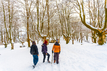 Young people visiting the snow-covered Oianleku natural park in the town of Oiartzun, next to...