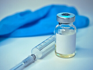 Vaccine covid-19 virus pandemic imunology, medical bottle with syringe