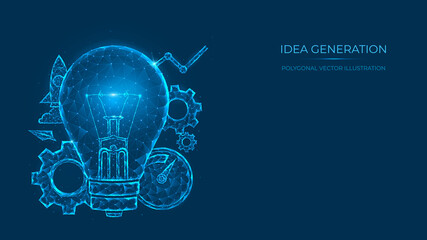 Abstract polygonal vector illustration of idea generation. Low poly light bulb concept made of lines and dots isolated on blue background.
