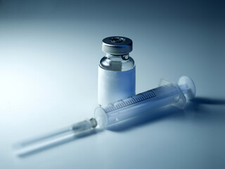 Vaccine covid-19 virus pandemic imunology, medical bottle with syringe