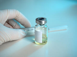 Vaccine covid-19 virus pandemic imunology, medical bottle with syringe
