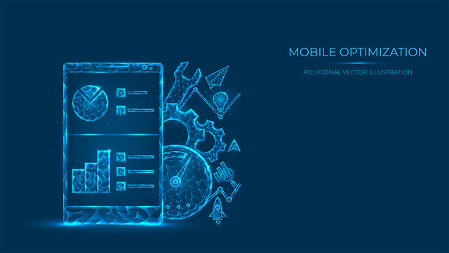 Abstract polygonal vector illustration of mobile optimization. Low poly concept of mobile phone made of lines and dots isolated on blue background.