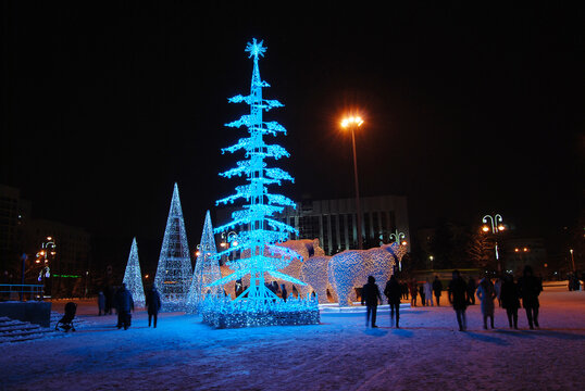 Christmas tree at night near Circus, Tyumen, Russia, January 2021