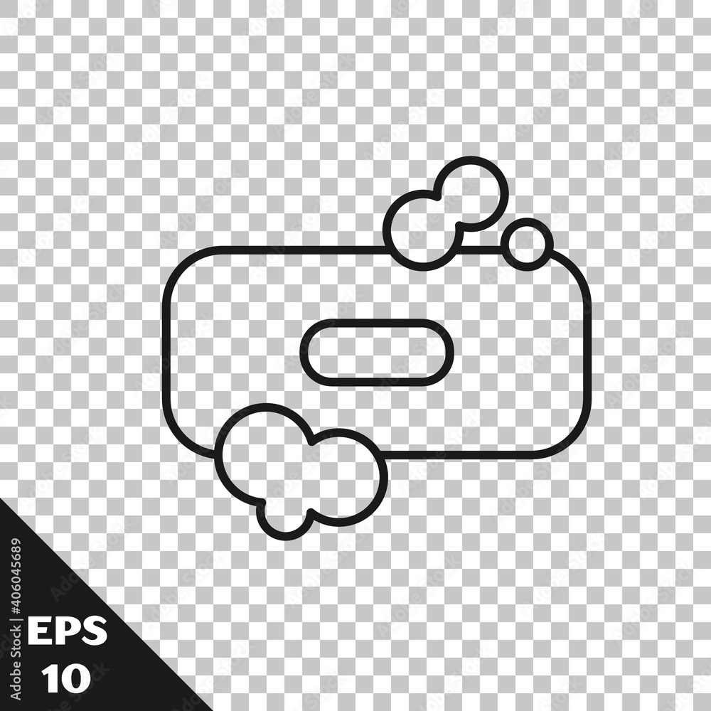 Poster black line bar of soap icon isolated on transparent background. soap bar with bubbles. vector illust