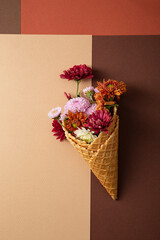 Flowers in sweet cones on paper background