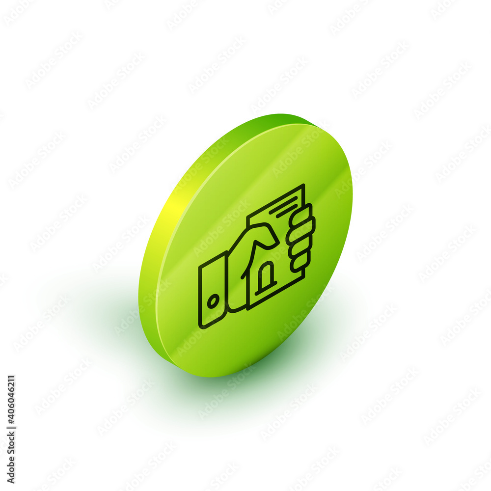 Poster isometric line death certificate in hand icon isolated on white background. green circle button. vec