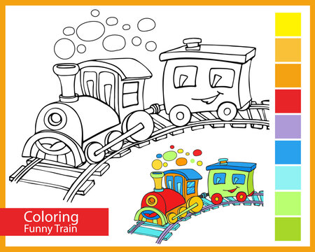 Coloring Funny Train. Children's arts game. Happy Train with smile a car. Entertainment for children. Cute locomotive. Drawing contour for coloring. Vector illustration.