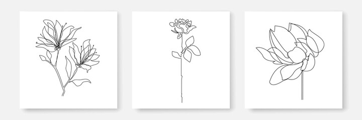Flowers One Line Drawing Prints Set. Botanical Modern Minimalist Single Line Art, Flowers, Aesthetic Contour. Great for Poster, Wall art, Prints, t-shirt, Sticker, Logo, Banner. Vector EPS 10