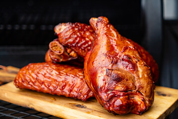 smoked chicken on the wooden board