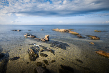 Fototapeta na wymiar The rocks at the beach with blue sky