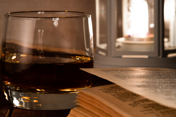 books, glass and whisky