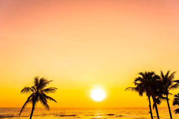 Beautiful tropical beach sea ocean at sunrise or sunset with palm tree