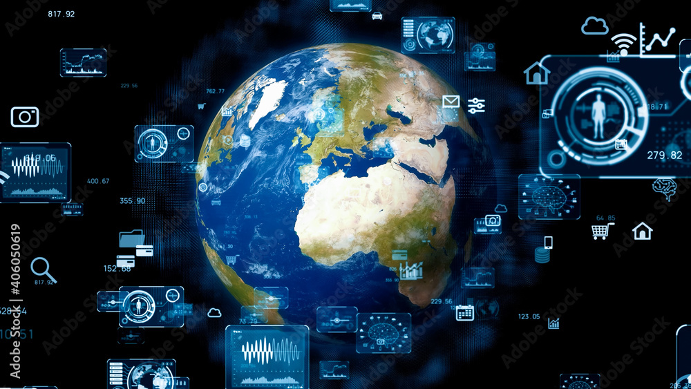 Poster Global communication network concept. Planet earth in cyberspace. Elements of this image furnished by NASA. 3D rendering.