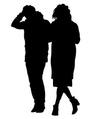 Young man and woman walking down the street. Isolated silhouette on a white background