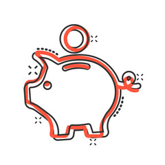 Money box icon in comic style. Pig container cartoon vector illustration on white isolated background. Piggy bank splash effect business concept.