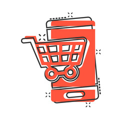 Online shopping icon in comic style. Smartphone store cartoon vector illustration on white isolated background. Market splash effect business concept.