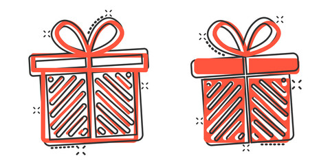 Gift box icon in comic style. Present package cartoon vector illustration on white isolated background. Surprise splash effect business concept.