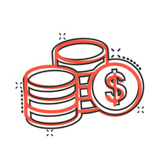 Coins stack icon in comic style. Dollar coin cartoon vector illustration on white isolated background. Money stacked splash effect business concept.