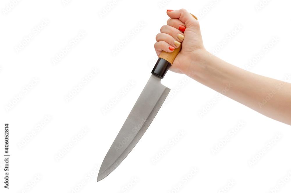 Wall mural woman's hand holding knife. isolated on white.