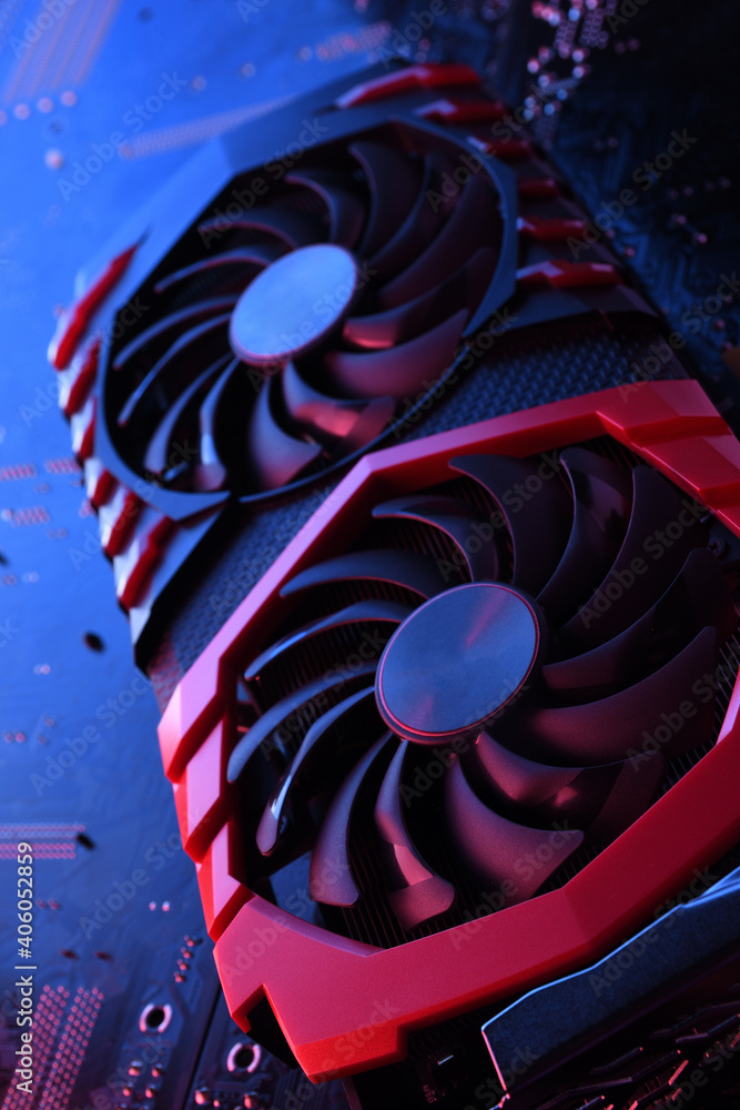 Poster computer game graphics card, videocard with two coolers on circuit board ,motherboard background. cl