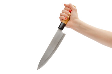 Woman's hand holding knife. Isolated on white.