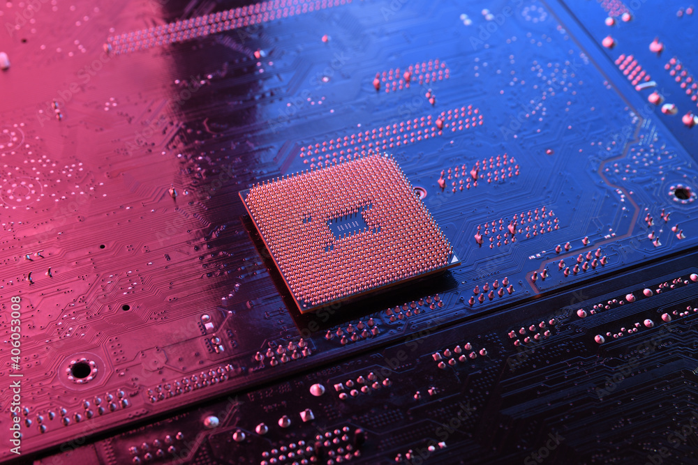 Aufkleber computer cpu processor chip on circuit board ,motherboard background. close-up. with red-blue lighti
