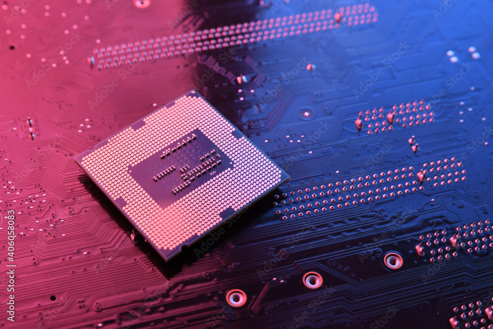 Poster computer cpu processor chip on circuit board ,motherboard background. close-up. with red-blue lighti