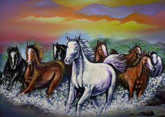 Art painting Fine art Oil color  running  eight horses   Lucky from Thailand © Kwang Gallery