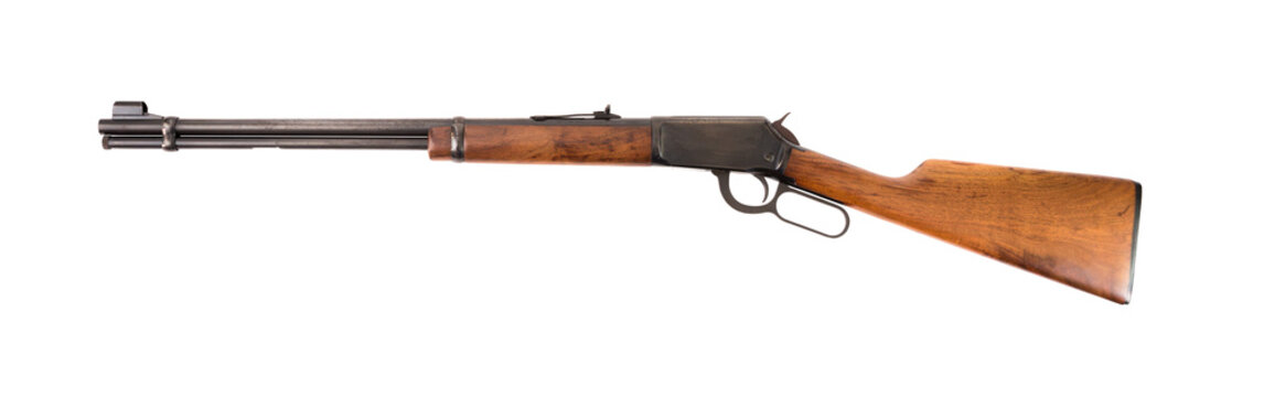Single-barrel smoothbore hunting shotgun with wooden gunstock isolated on white background