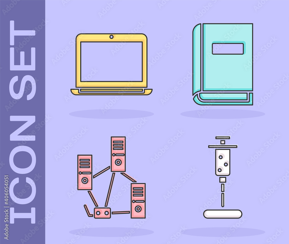 Poster set syringe, laptop, computer network and user manual icon. vector.