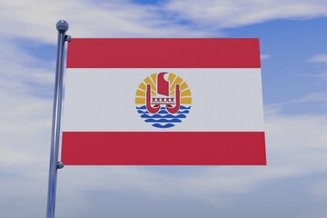 3D illustration of flag of French Polynesia with chrome flag pole with snap hooks in blue sky straight. High resolution flag with clarity.