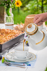 Coffee and plum cake in summer garden