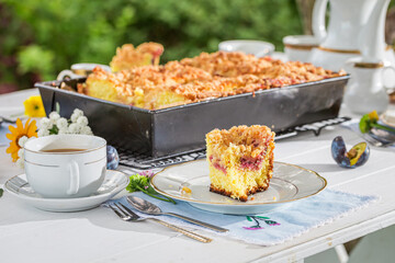 Sweet and homemade cake with plum with coffee