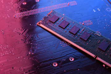 Computer memory RAM on circuit motherboard background . Close up. system, main memory, random access memory, onboard, computer detail. Computer components . DDR3. DDR4. DDR5