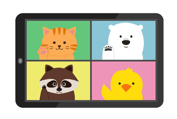 Online meeting of animals on tablet or smartphone. They wave their hand. Vector illustration isolated on white background.