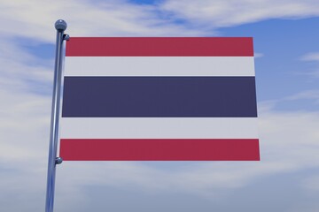 3D illustration of flag of Thailand with chrome flag pole with snap hooks in blue sky straight. High resolution flag with clarity.