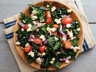 Homemade Greek style kale salad with home made vegan feta