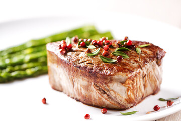 Beef Fillet With Pink Pepper and Asparagus.