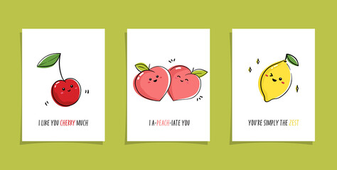 Collection of cards with fruits, berries and funny phrases. Set of illustrations with cute fruits - cherry, peach and lemon.