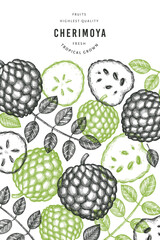 Hand drawn sketch style cherimoya banner. Organic fresh fruit vector illustration. Engraved style botanical design template.