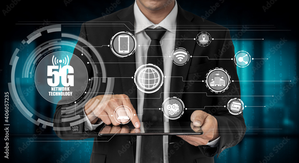 Aufkleber advanced communication and global internet network connection in smart city . concept of future 5g w