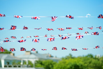 British Union Jack bunting flags against 