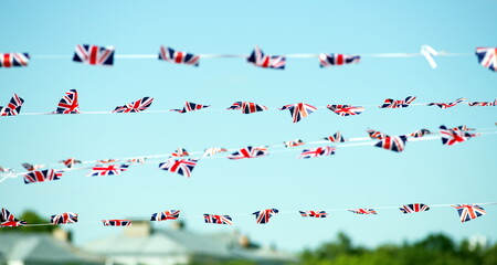British Union Jack bunting flags against 