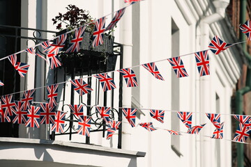 British Union Jack bunting flags against 