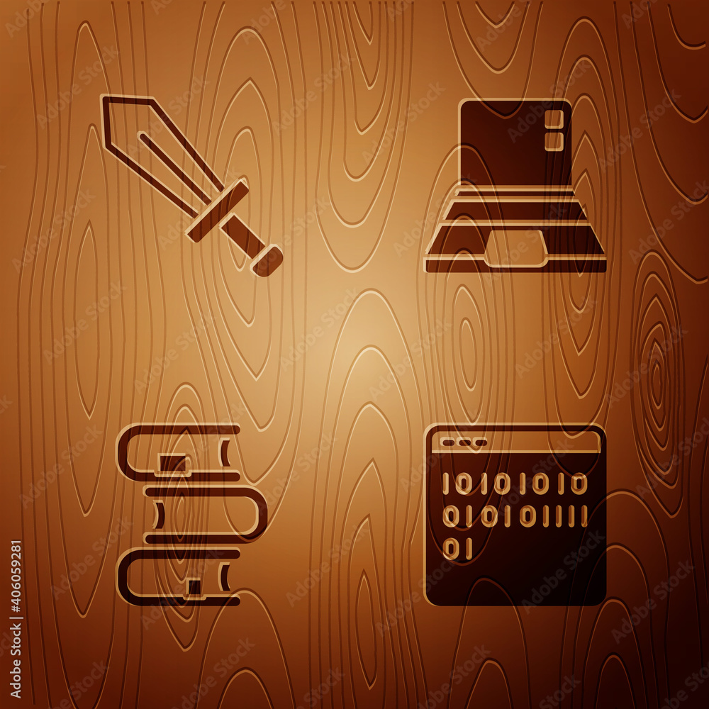 Poster set binary code, sword for game, book and laptop on wooden background. vector.